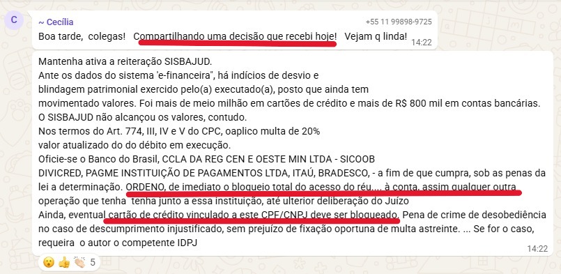 Cecília compartilha decisão judicial ordenando bloqueio total das contas do réu