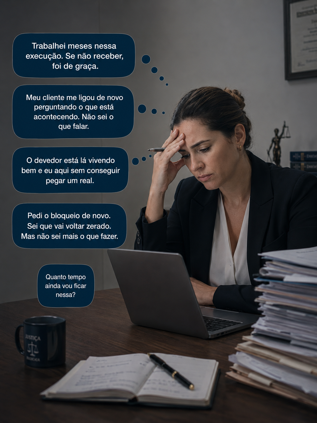 Advogada estressada com pensamentos sobre execuções paradas